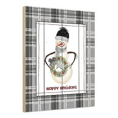 White and Gray Happy Holiday's Snowman Christmas Rectangular Wall Art Decor 16" x 12"