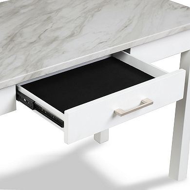 Jay 48 Inch Desk With Drawer and Faux Marble Top, White