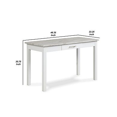 Jay 48 Inch Desk With Drawer and Faux Marble Top, White