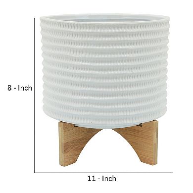 Ceramic Planter with Textured Pattern and Wooden Stand, White
