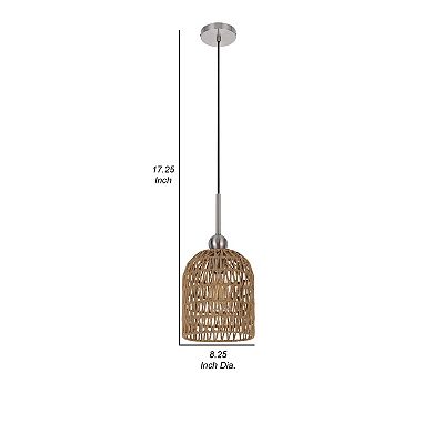 8 Inch Dia. Pendant Ceiling Light Fixture, Rope Woven Shade, Brown, Chrome