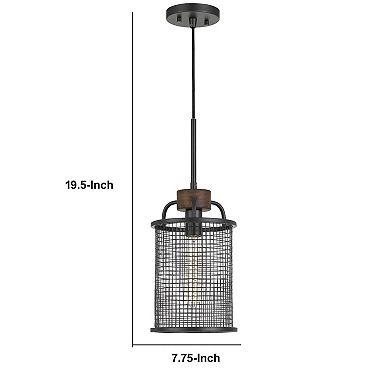 Cylindrical Grid Design Metal Chandelier with Wooden Accent, Black