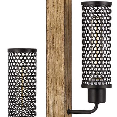 Wooden Table Lamp with 2 Metal Mesh Shades, Brown and Black