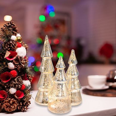 LumaBase Battery Operated Silver Finish Mercury Glass Trees Table Decor 3-piece Set