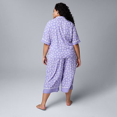 Plus Size Simply Vera Vera Wang Woven Short Sleeve Notch Pajama Top & Pajama Culotte Pants Set