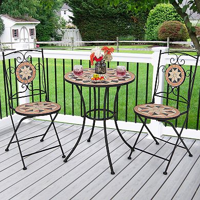 3 Pieces Patio Bistro Set with 1 Round Mosaic Table and 2 Folding Chairs