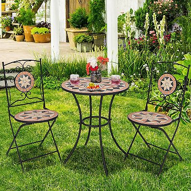3 Pieces Patio Bistro Set with 1 Round Mosaic Table and 2 Folding Chairs