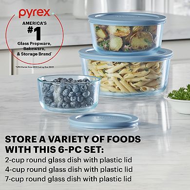 Pyrex Simply Store Blue Tinted 6-piece Round Food Storage Set with Plastic Lids