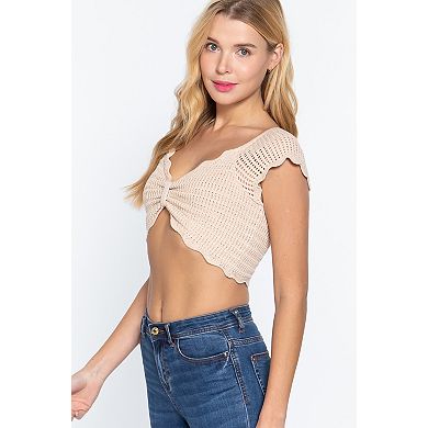 Short Sleeve V-Neck Front Knot Detail Sweater Knit Crop Top