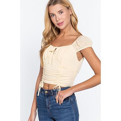 Short Sleeve Front Tie Ruched Detail Woven Top