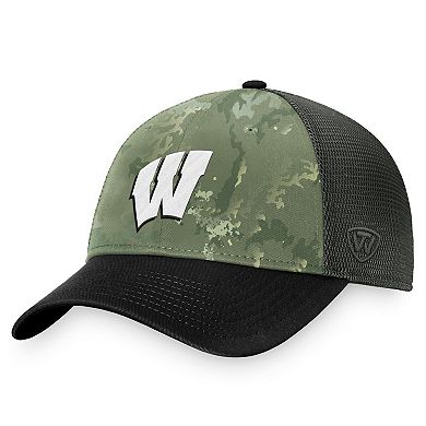 Men's Top of the World Hunter Green/Gray Wisconsin Badgers OHT Military Appreciation Unit Trucker Adjustable Hat