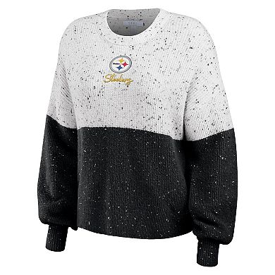 Women's WEAR by Erin Andrews  White/Black Pittsburgh Steelers Lighweight Modest Crop Color-Block Pullover Sweater