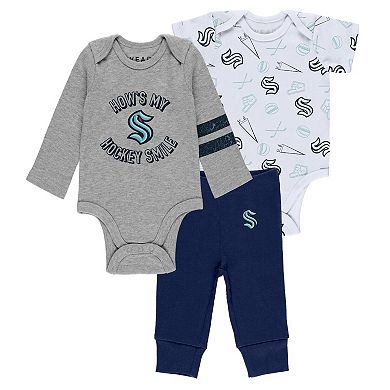 Newborn & Infant Gray/White/Navy Seattle Kraken Three-Piece Turn Me Around Bodysuit & Pants Set