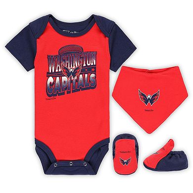 Infant Mitchell & Ness Red/Navy Washington Capitals Big Score 3-Pack Bodysuit, Bib and Bootie Set