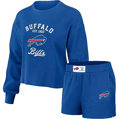 Women's WEAR by Erin Andrews Royal Buffalo Bills Waffle Knit Long Sleeve T-Shirt & Shorts Lounge Set