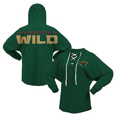 Women's Fanatics Branded Green Minnesota Wild Jersey Lace-Up V-Neck Long Sleeve Hoodie T-Shirt