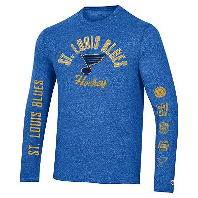 Men's Champion Heather Blue St. Louis Blues Multi-Logo Tri-Blend Long Sleeve T-Shirt