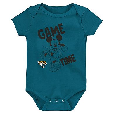 Newborn & Infant Teal/Black/Gray Jacksonville Jaguars Three-Piece Disney Game Time Bodysuit Set