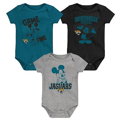 Newborn & Infant Teal/Black/Gray Jacksonville Jaguars Three-Piece Disney Game Time Bodysuit Set