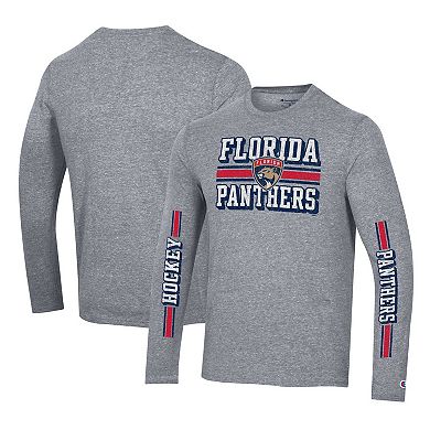 Men's Champion Heather Gray Florida Panthers Tri-Blend Dual-Stripe Long Sleeve T-Shirt
