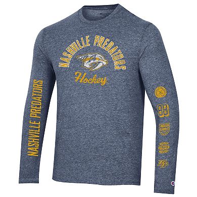 Men's Champion Heather Navy Nashville Predators Multi-Logo Tri-Blend Long Sleeve T-Shirt
