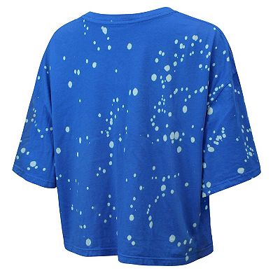 Women's Majestic Threads Blue Carolina Panthers Bleach Splatter Notch Neck Crop T-Shirt