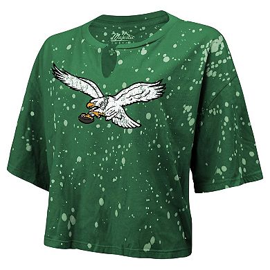 Women's Majestic Threads Kelly Green Philadelphia Eagles Bleach Splatter Notch Neck Crop T-Shirt