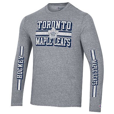 Men's Champion Heather Gray Toronto Maple Leafs Tri-Blend Dual-Stripe Long Sleeve T-Shirt