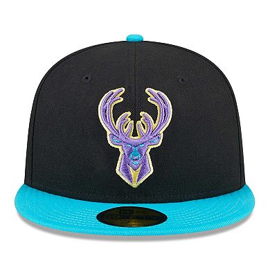 Men's New Era Black/Turquoise Milwaukee Bucks Arcade Scheme 59FIFTY Fitted Hat