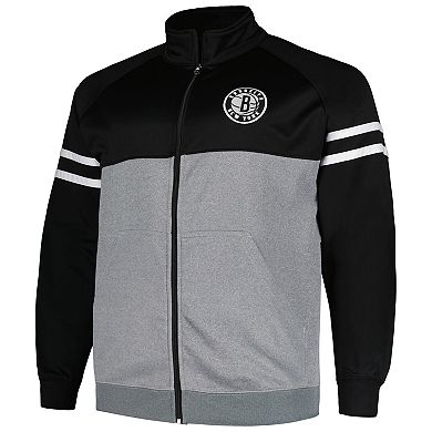 Men's Fanatics Branded Black/Heather Gray Brooklyn Nets Big & Tall Pieced Stripe Raglan Full-Zip Track Jacket