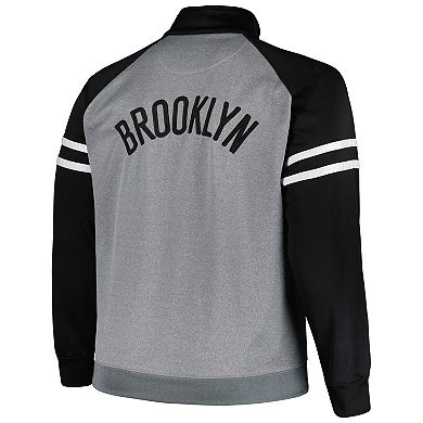 Men's Fanatics Branded Black/Heather Gray Brooklyn Nets Big & Tall Pieced Stripe Raglan Full-Zip Track Jacket