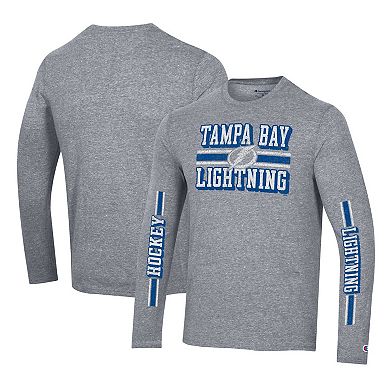 Men's Champion Heather Gray Tampa Bay Lightning Tri-Blend Dual-Stripe Long Sleeve T-Shirt