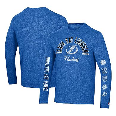 Men's Champion Heather Blue Tampa Bay Lightning Multi-Logo Tri-Blend Long Sleeve T-Shirt
