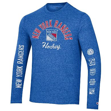 Men's Champion Heather Blue New York Rangers Multi-Logo Tri-Blend Long Sleeve T-Shirt