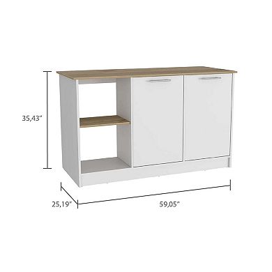 DEPOT E-SHOP Coral Kitchen Island, Two Cabinets, Four Open Shelves, Light Oak / White