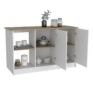 DEPOT E-SHOP Coral Kitchen Island, Two Cabinets, Four Open Shelves, Light Oak / White