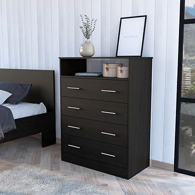 DEPOT E-SHOP Serbian Four Drawer Dresser, Superior Top, One Open Shelf, Black