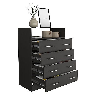 DEPOT E-SHOP Serbian Four Drawer Dresser, Superior Top, One Open Shelf, Black