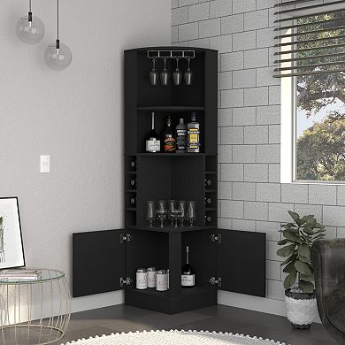 DEPOT E-SHOP Cairo Corner Bar Cabinet, Double Door Cabinet,Eight Built-in Wine Rack, Black