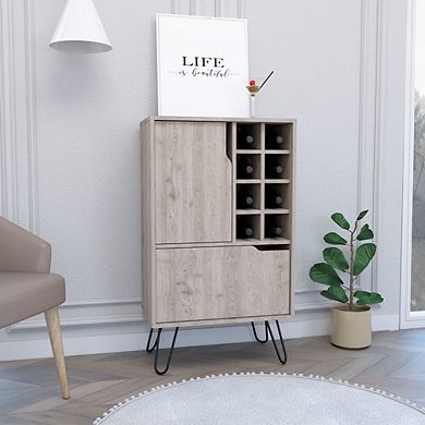 DEPOT E-SHOP Zamna L Bar Single Door Cabinet, Eight Built-in Wine Rack, Four Legs, Light Gray