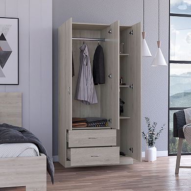 DEPOT E-SHOP Bosko 3 Doors Armoire, Two Drawers, Metal Rod, Light Gray