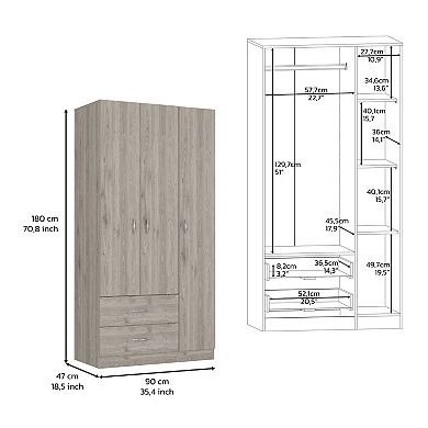 DEPOT E-SHOP Bosko 3 Doors Armoire, Two Drawers, Metal Rod, Light Gray