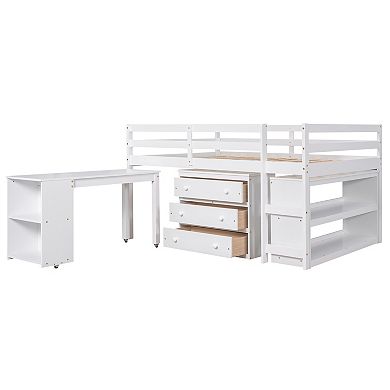 Merax Loft Bed with Cabinet and Rolling Portable Desk Full Bed