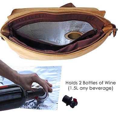 Vegan Leather Wine Messenger Bag With Hidden Insulated Compartment And Dispenser For 2 Bottles