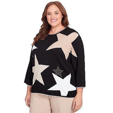 Plus Size Alfred Dunner Star Patchwork Crewneck Sweater