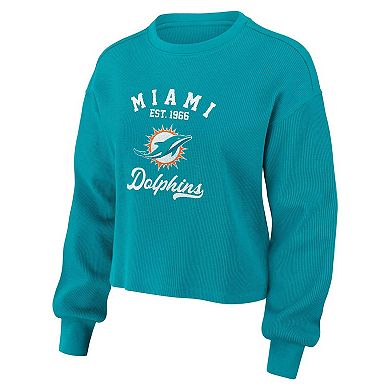 Women's WEAR by Erin Andrews Aqua Miami Dolphins Waffle Knit Long Sleeve T-Shirt & Shorts Lounge Set