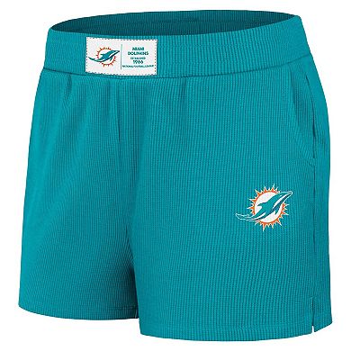 Women's WEAR by Erin Andrews Aqua Miami Dolphins Waffle Knit Long Sleeve T-Shirt & Shorts Lounge Set