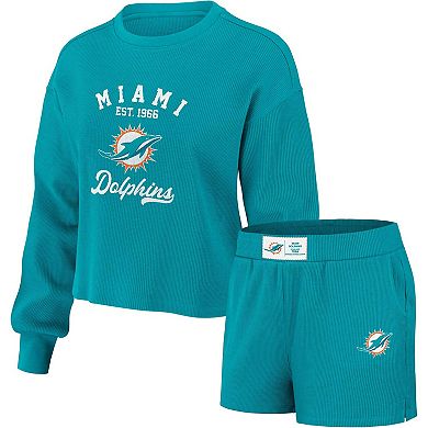 Women's WEAR by Erin Andrews Aqua Miami Dolphins Waffle Knit Long Sleeve T-Shirt & Shorts Lounge Set