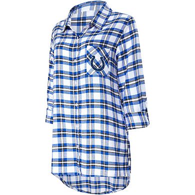 Women's Concepts Sport Royal Indianapolis Colts Sienna Plaid Full-Button Long Sleeve Nightshirt