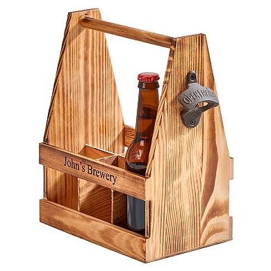 11.25" Wooden 6 Bottle Caddy With Opener